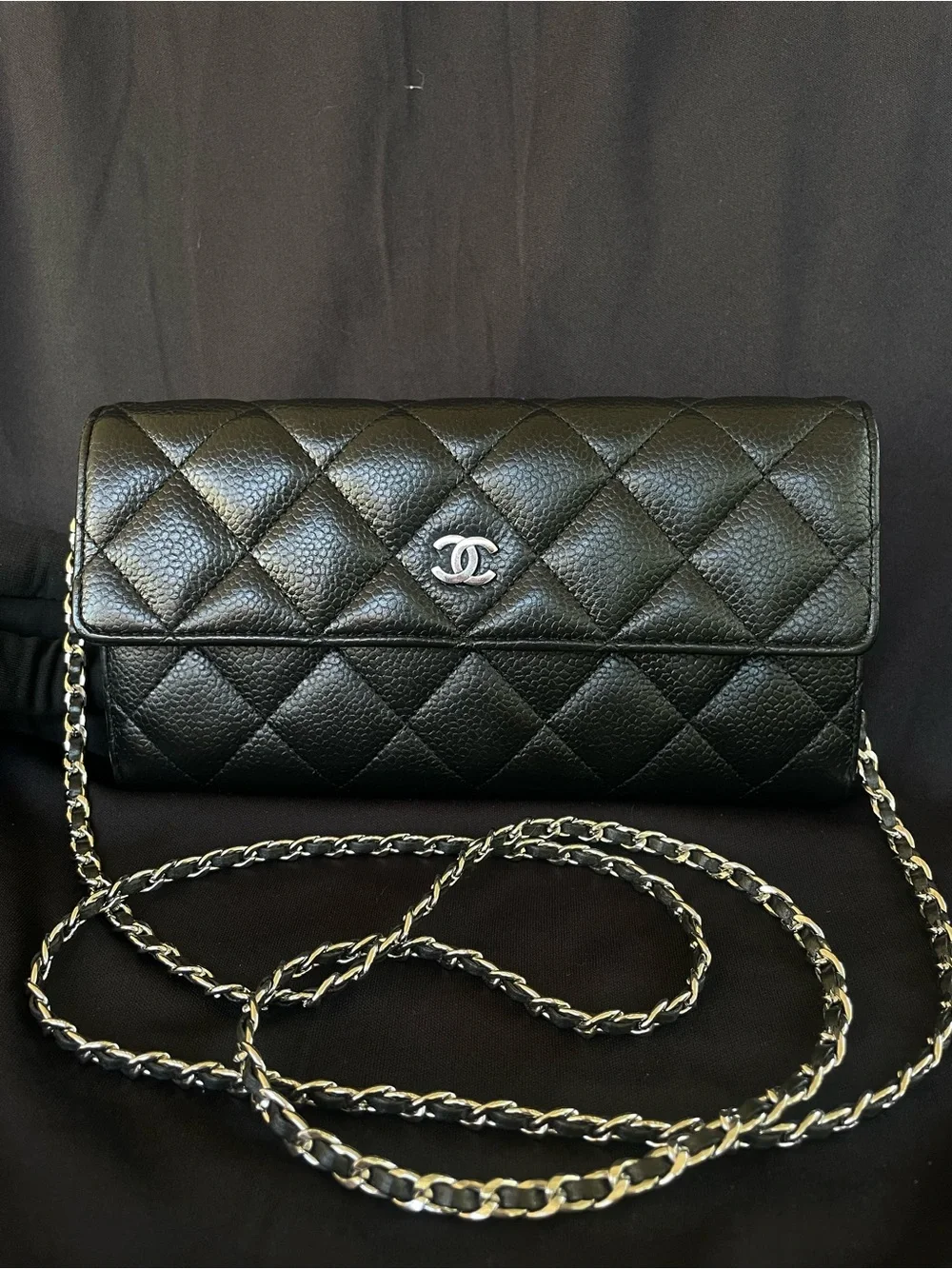Auth. 🖤BLACK  CHANEL CAVIAR LONG WALLET WITH SILVER TONE HARDWARE.